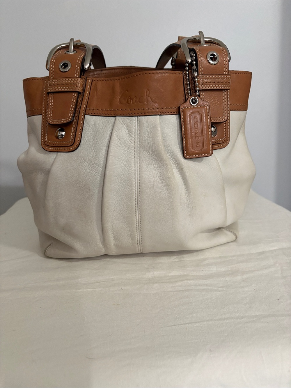 Coach Two-Tone Leather Shoulder Bag in White and Tan